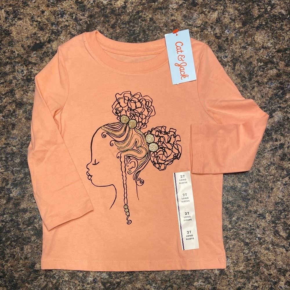 🪷Cat & Jack Long Sleeve Pink Braids Silhouette Graphic T-Shirt, Girls 2T